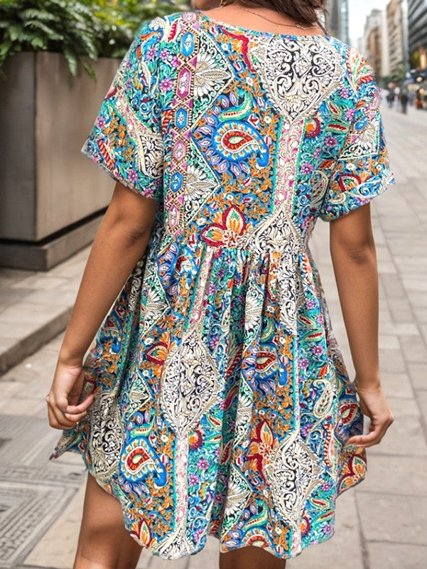 Women Summer Print V Neck Short Sleeved Dress