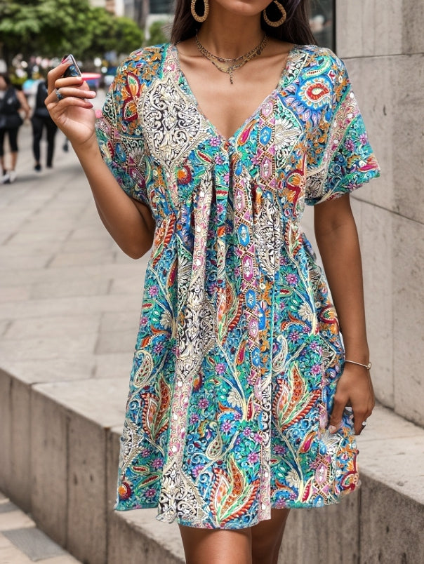 Women Summer Print V Neck Short Sleeved Dress