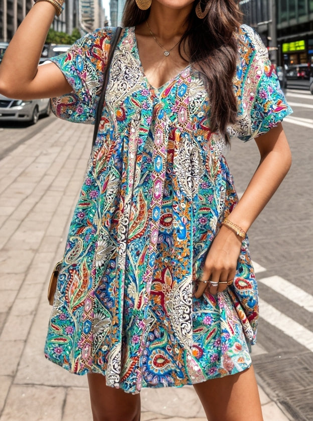 Women Summer Print V Neck Short Sleeved Dress