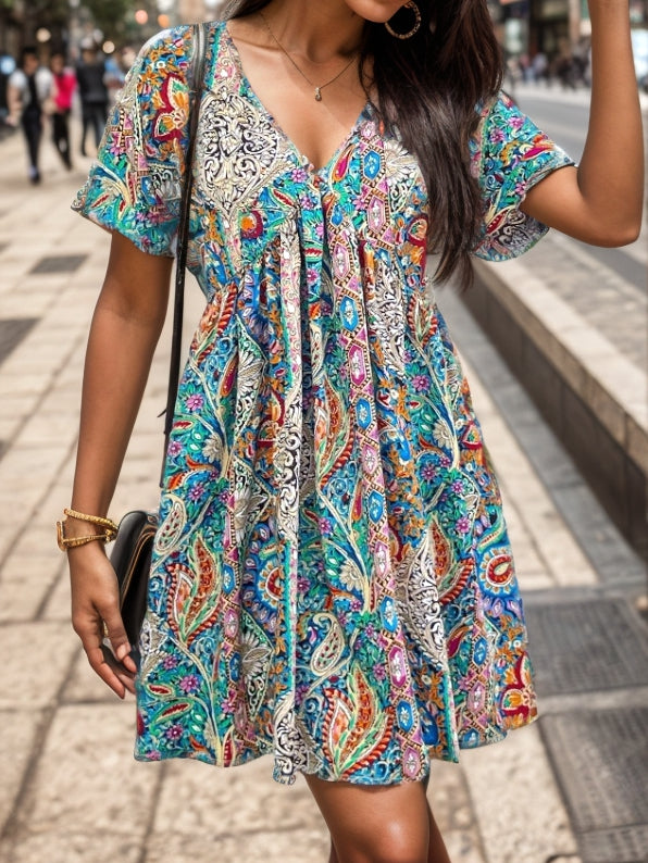 Women Summer Print V Neck Short Sleeved Dress