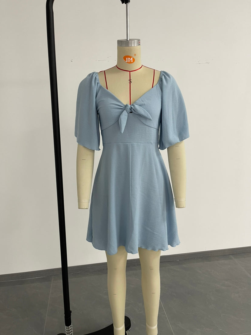 Women Clothing Shein V Neck Bow Lace Up Short Sleeve Mini Dress
