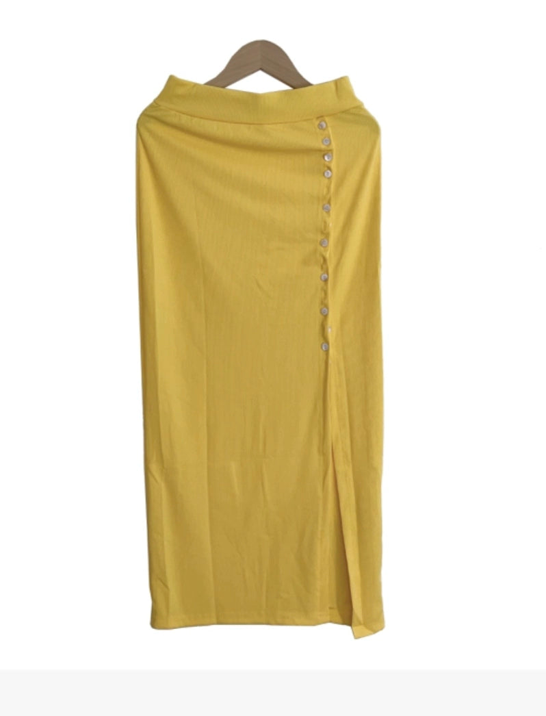 Summer Women Clothing Sunken Stripe Rib Split Button Skirt