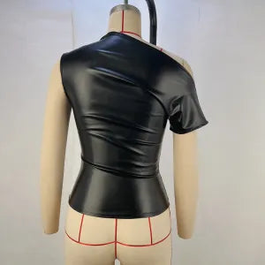 Women Clothing Slim Fit Oblique Shoulder Leather Coat Summer Street Hipster Off Shoulder Top Women