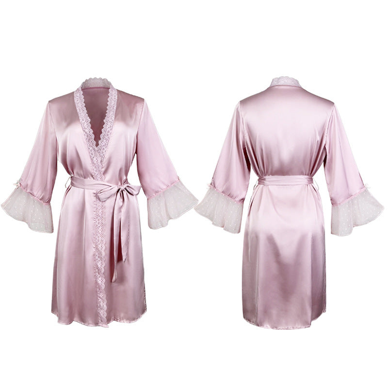 Summer Artificial Silk Sexy Seduction Deep V Plunge Lace Outerwear Gown Lace up Nightgown Bathrobe Women Pajamas