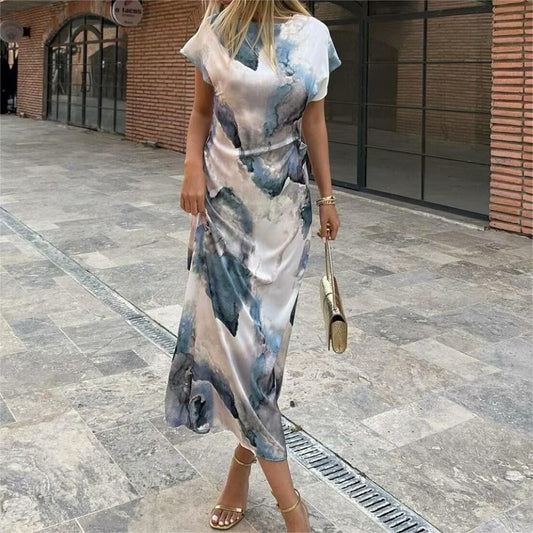 Women Wear Summer Round Neck Slim Fit Pleated Tie Dyed Satin Texture Dress
