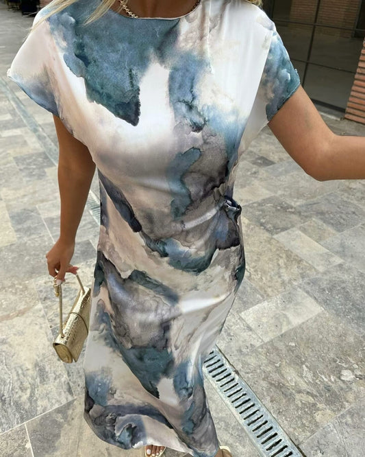Women Wear Summer Round Neck Slim Fit Pleated Tie Dyed Satin Texture Dress