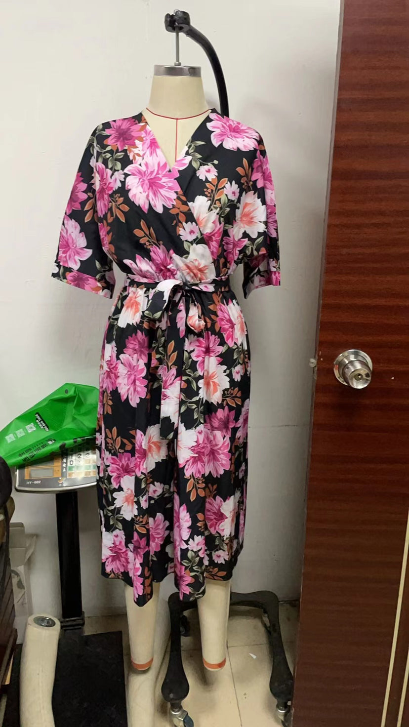 Women Clothing Printed Office V Neck Half Sleeve Jumpsuit