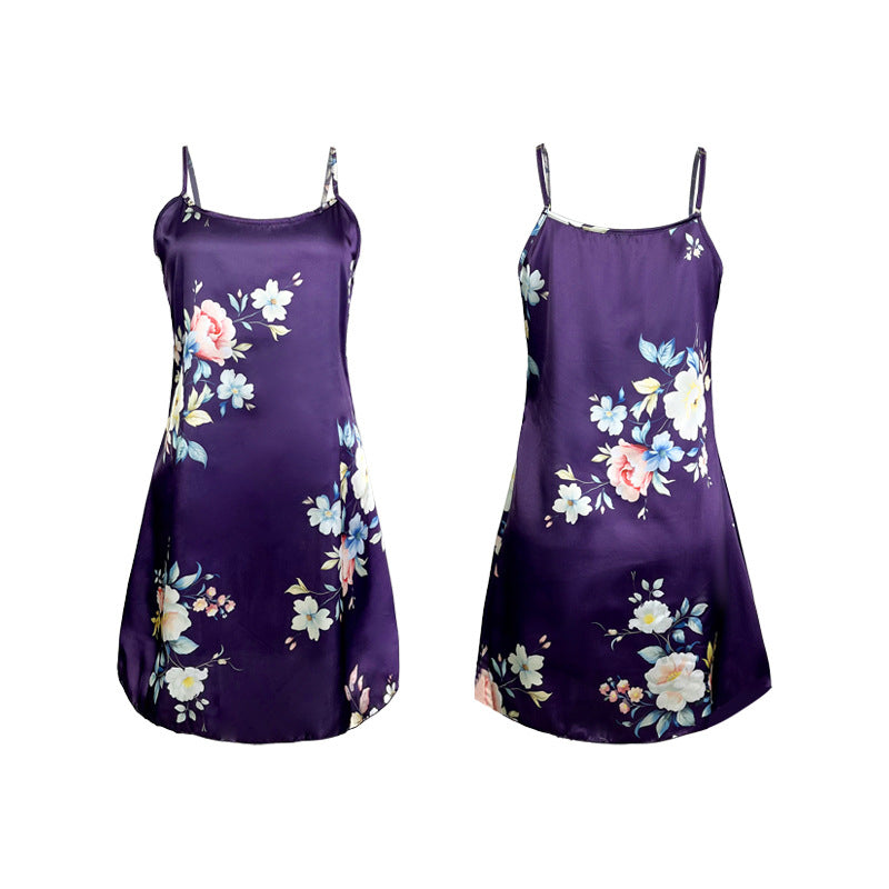 French Printing Sexy Underwear Ice Silk Strap Night Dress Home Wear Women Pajamas