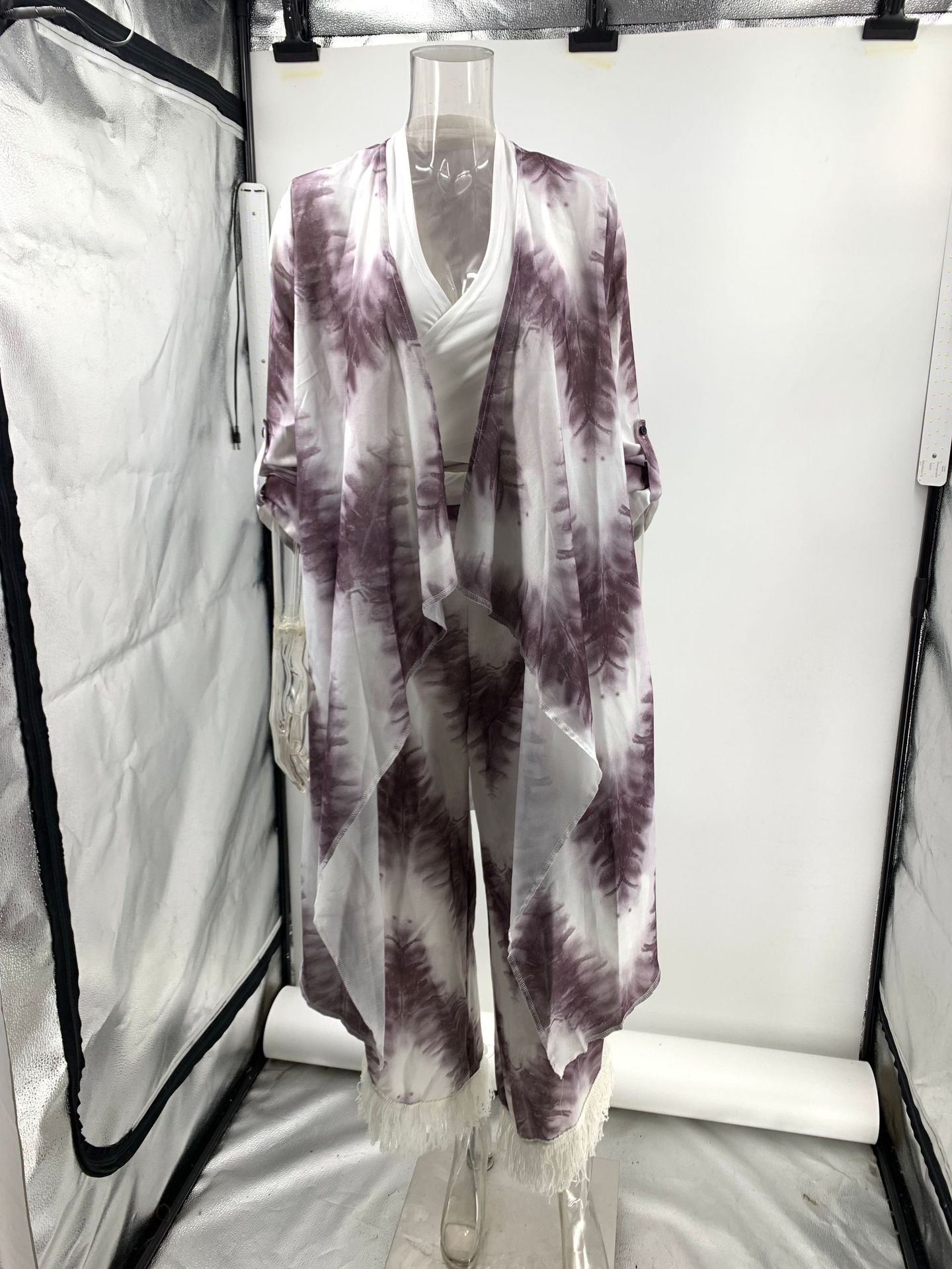 Printed Vest Tassel Cropped Pants Coat Three Piece Suit