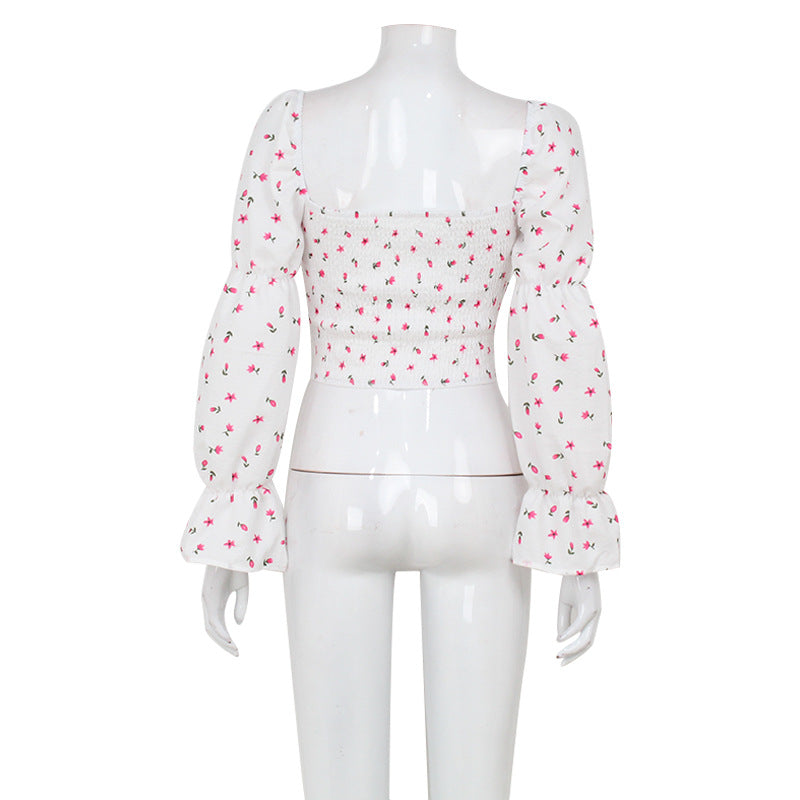 Women Summer Fresh Sweet French Square Collar Bubble Long Sleeve Knotted Short Floral Top Women