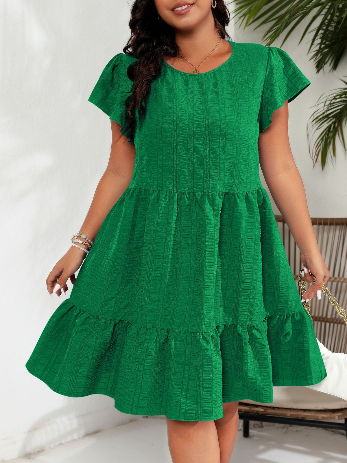 Plus Size round Neck Ruffle Sleeve Waist Tight Vacation Casual Dress
