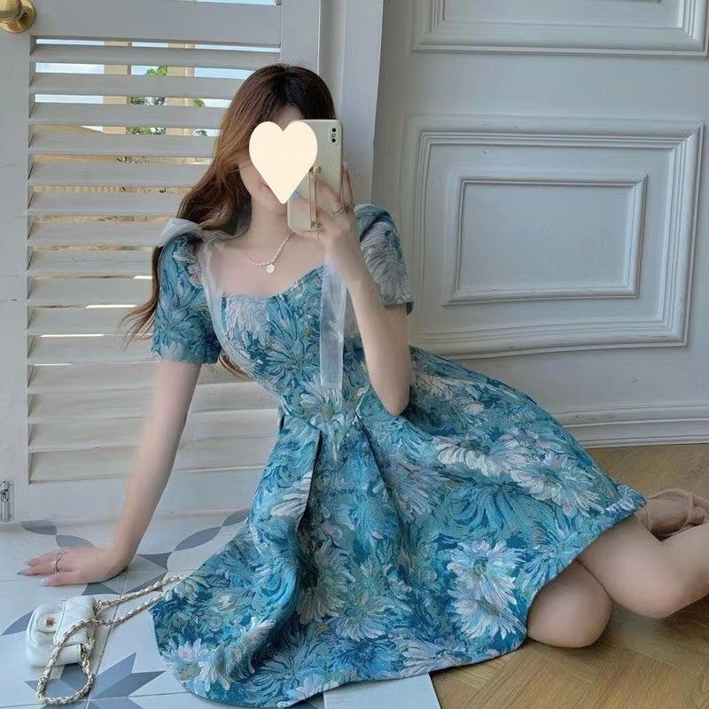 Floral Dress Women Summer French Cinched Short Dress Niche Design Sweet Puff Sleeve Dress