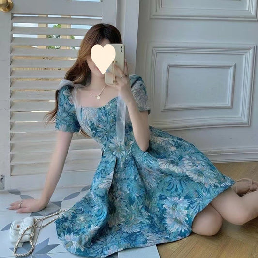 Floral Dress Women Summer French Cinched Short Dress Niche Design Sweet Puff Sleeve Dress