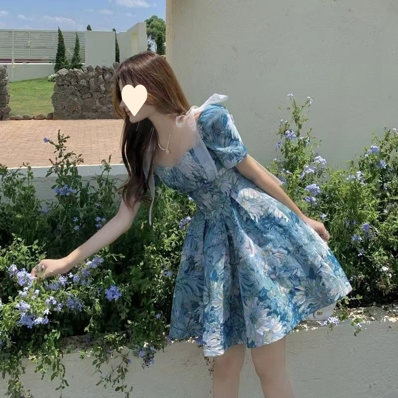 Floral Dress Women Summer French Cinched Short Dress Niche Design Sweet Puff Sleeve Dress