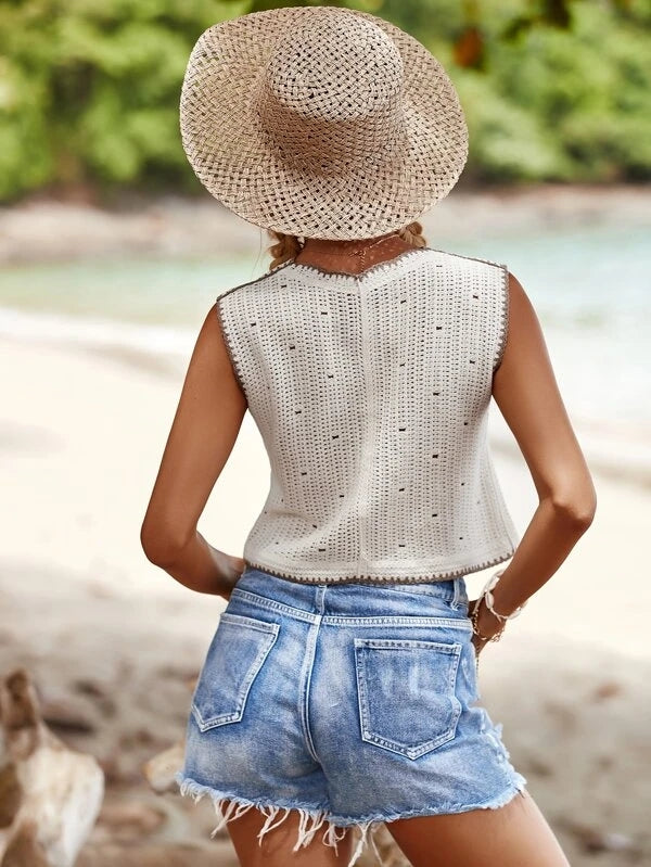 Women Spring Single Breasted Embroidery Vests Crochet hook