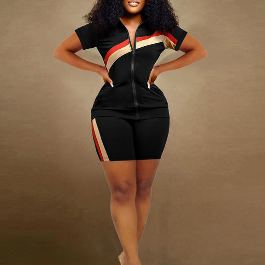 Spring Summer Elegant Women Clothing Zipped Stand Collar Office Printing Sports Suit