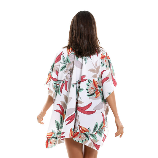 Spring Summer Vacation Travel Wild Chiffon Plant Floral Pattern Beach Sun Protection Blouse