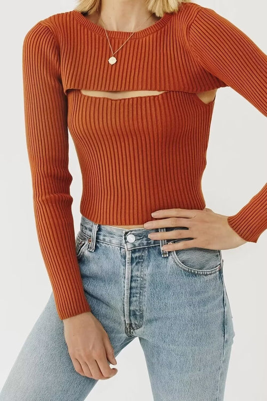 Autumn Women Slim Fit Bandage Dress Short Two Piece Knitted Top