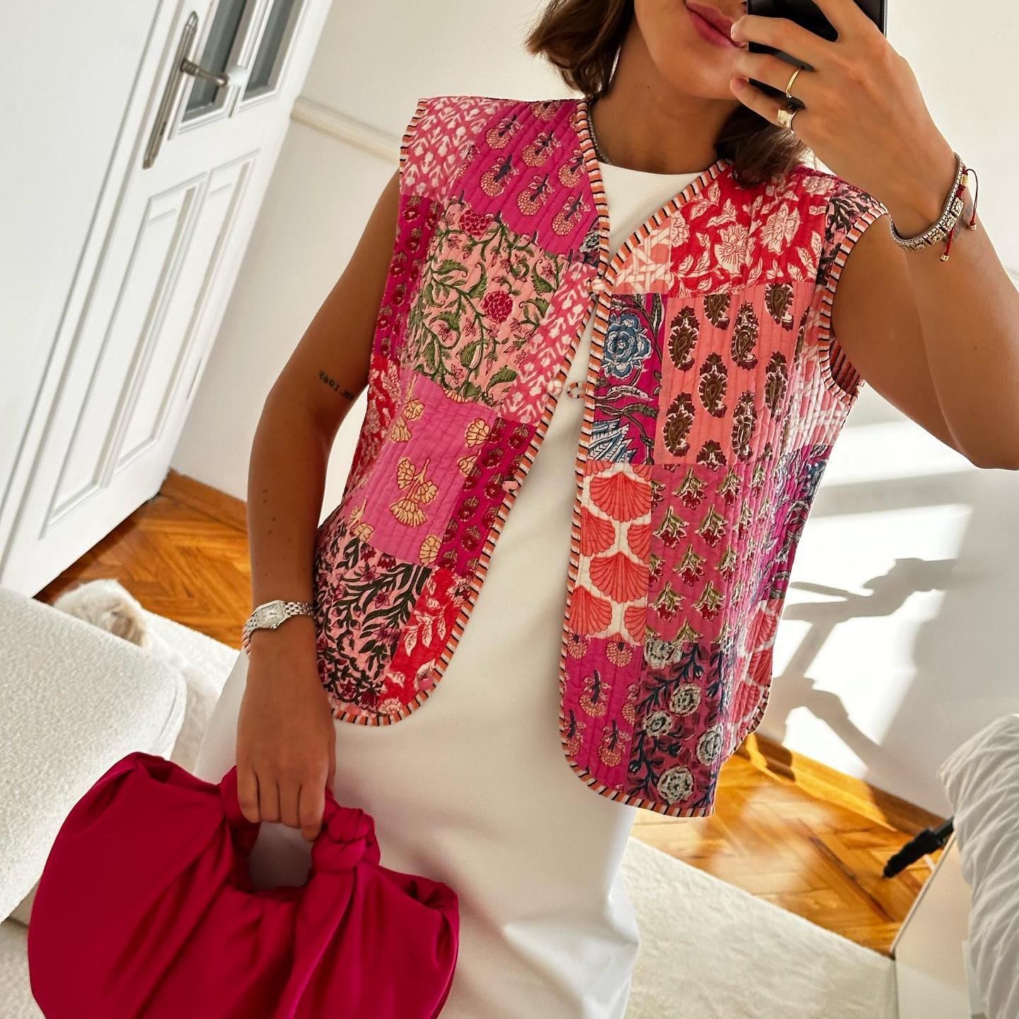 Multicolor Printing Lace Up Cotton Padded Vest Autumn Loose Casual Vest Top