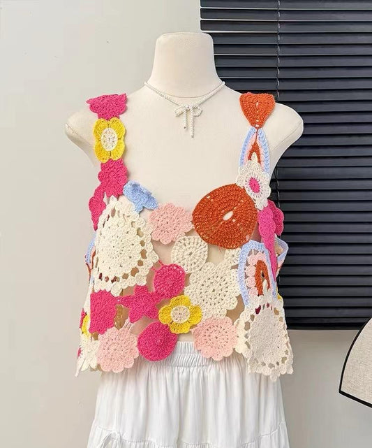 Dopamine Girlish Colorful Floral Hollow Out Cutout Camisole Women Summer Niche Sweet Knitted Top