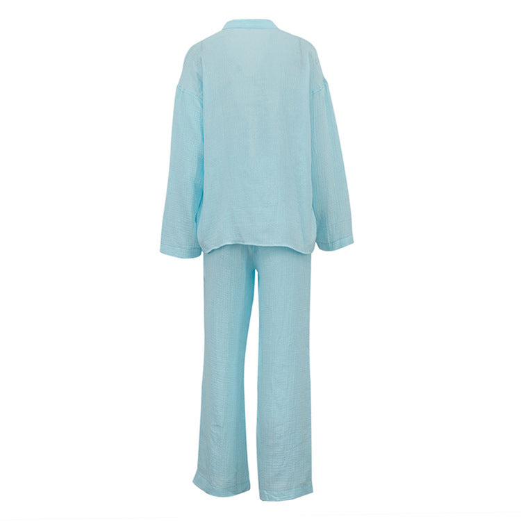 Women Clothing Cotton Champray Long Sleeve Lace up Cardigan Top Loose Trousers Casual Two Piece Set