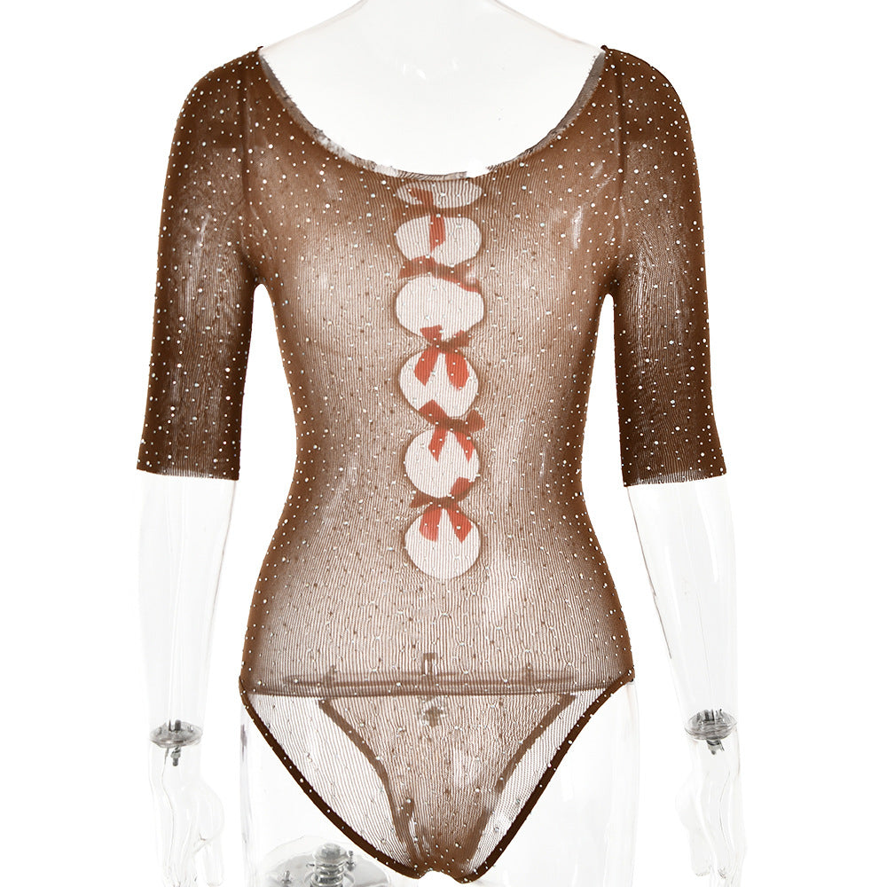 Autumn Sexy High Elastic Knitted See through Bow Hollow Out Cutout Rhinestone Jumpsuit