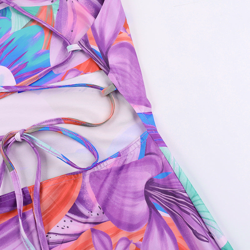 Color Split Dress Backless Printing Slip Dress