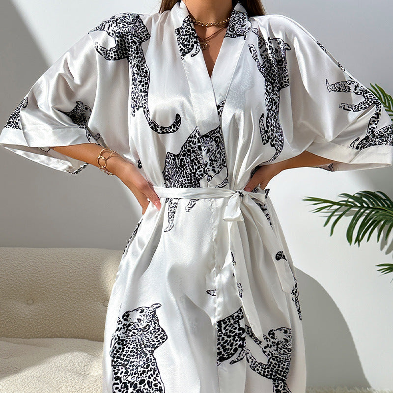 Dennlin Sexy Casual Homewear Simple Cardigan Lace Bathrobe Women Emulation Silk Nightgown Pajamas