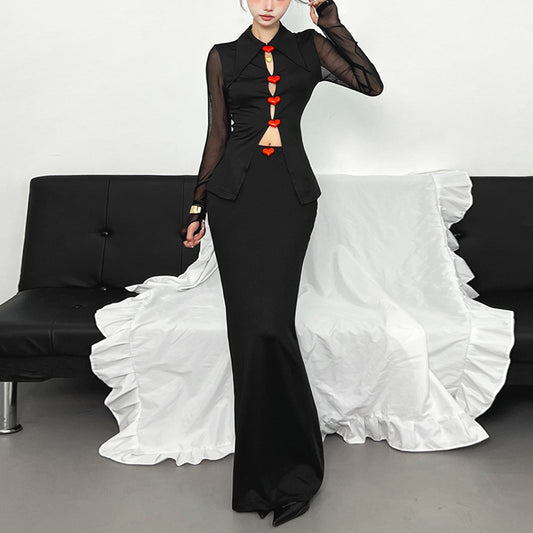 Fall Women Clothing Sexy See through Mesh Stitching Long Sleeves Top Sheath Figure Skirt Sets