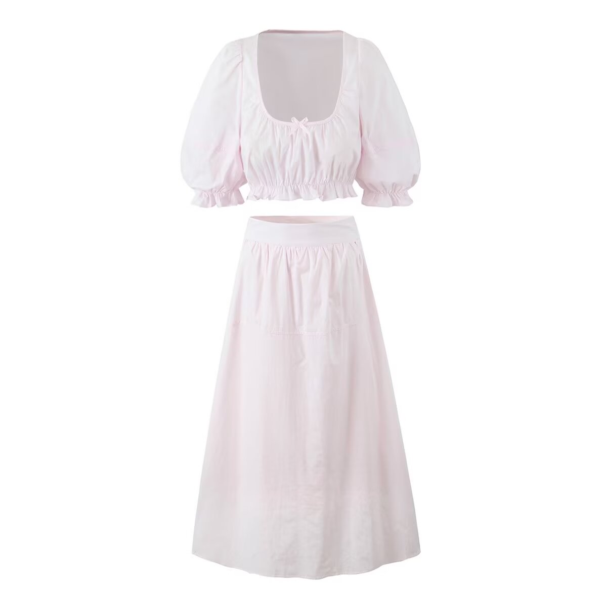 Spring U Shaped Collar Lace up Cropped Short Elastic Waist A line Long Skirt Set