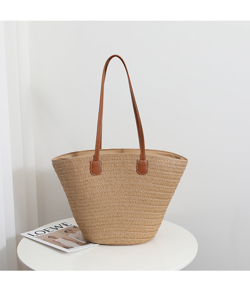 Simple Shoulder Straw Bag Large Capacity Straw Bag Woven Bag Tote Bag Women Seaside Vacation Beach Bag