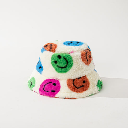 Smiley Face Plush Fisherman Hat Bucket Hat Imitation Rabbit Fur Warm Hat