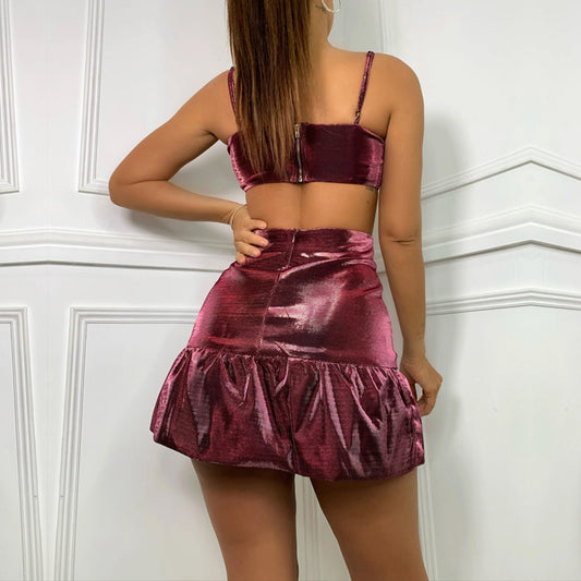 Women Short Skirt Casual Set Colorful Ice Silk Sexy Slip Dress Two Piece Set
