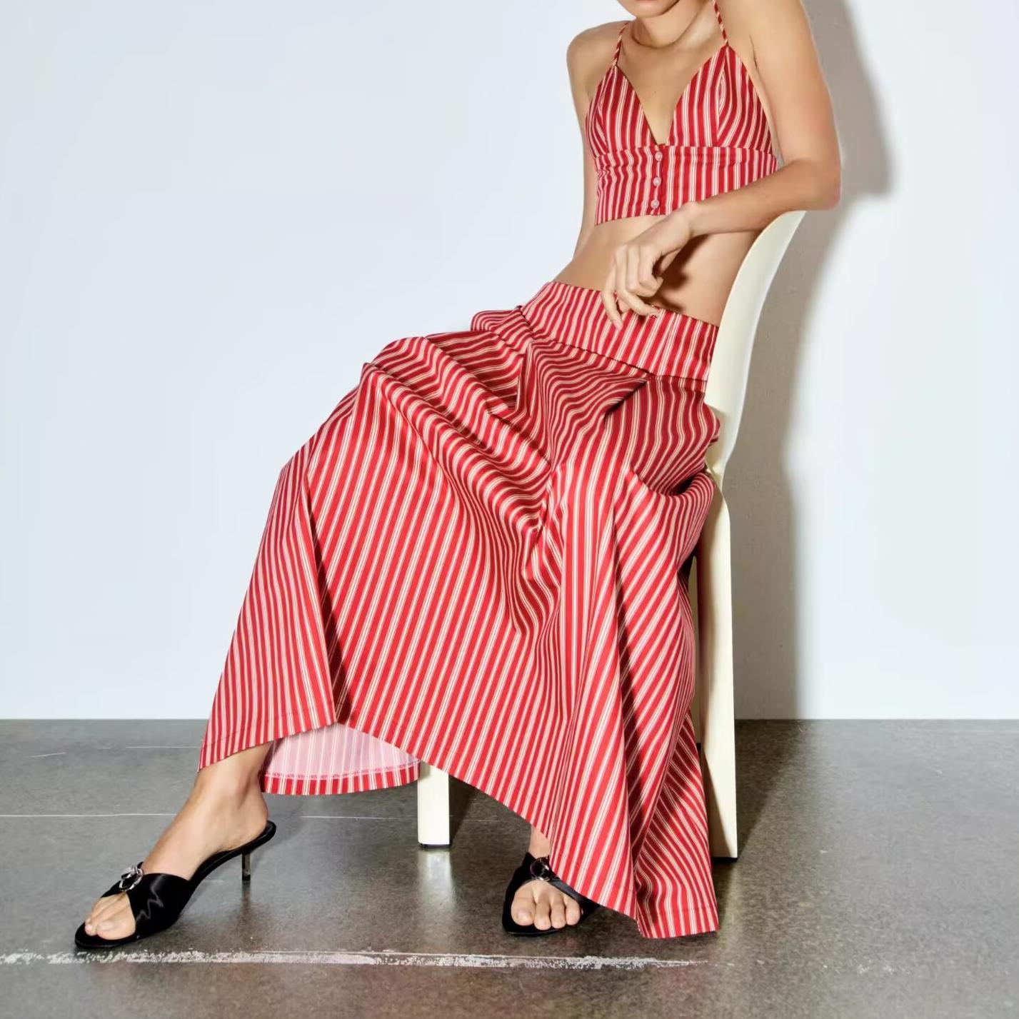 Spring Striped Short Sling Top Midi Dress Two Piece Sets