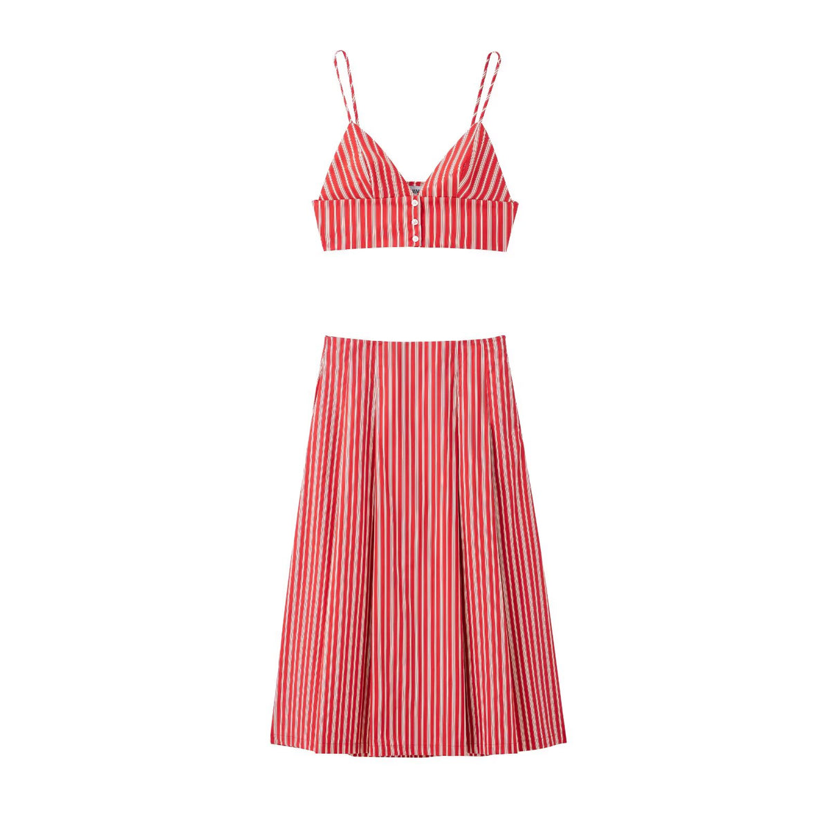 Spring Striped Short Sling Top Midi Dress Two Piece Sets