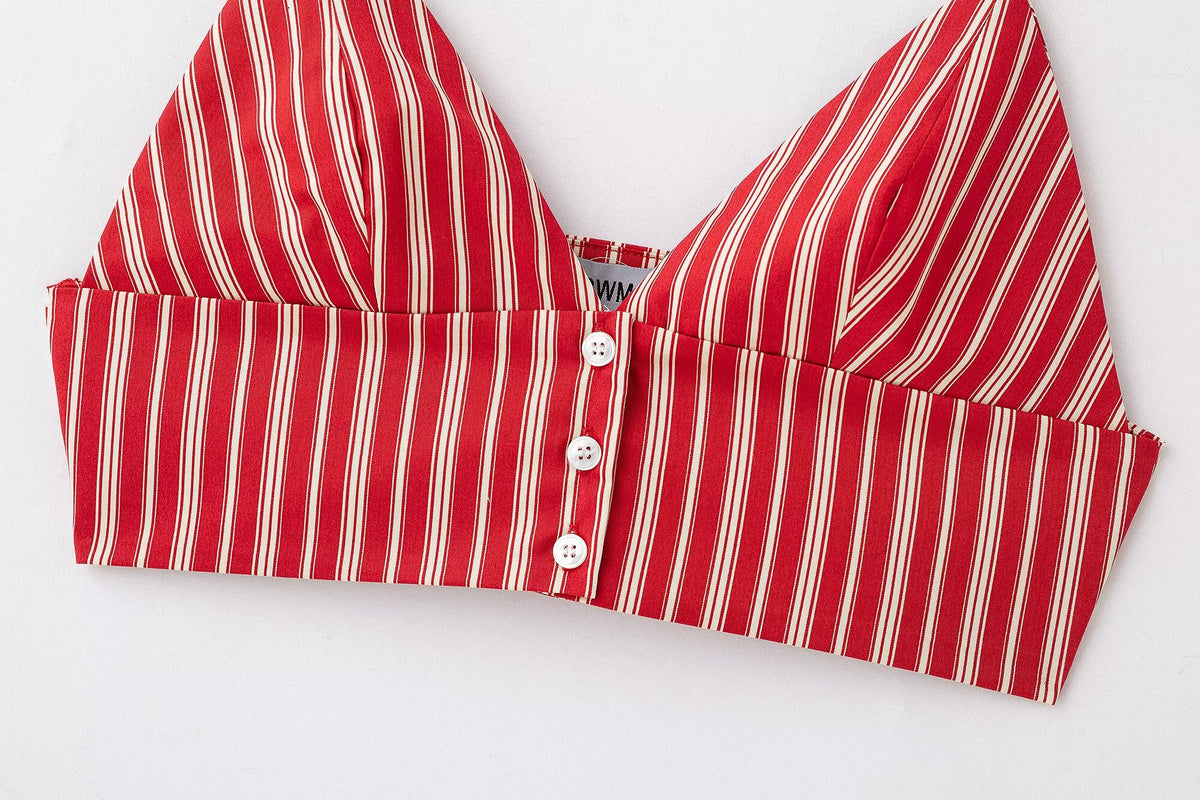 Spring Striped Short Sling Top Midi Dress Two Piece Sets