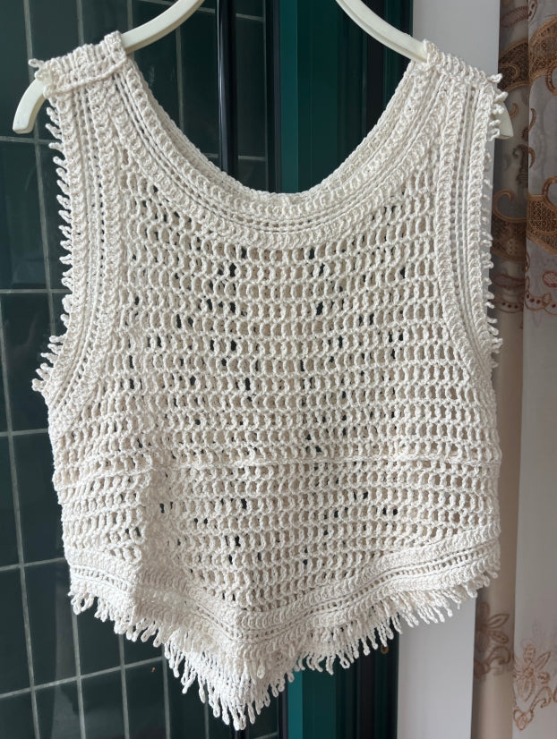 Women Spring And Autumn Cutout Crochet Weave Hem Fringe Vest
