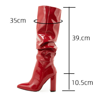 Summer plus Size Catwalk Show Patent Leather Natural Wrinkle Pointed Toe Chunky Heel Women High Heel Boots