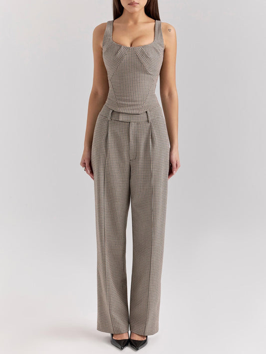 Houndstooth Pattern Two Piece Sets Sexy Slim Fit Backless Vest Mid Waist Casual Trousers