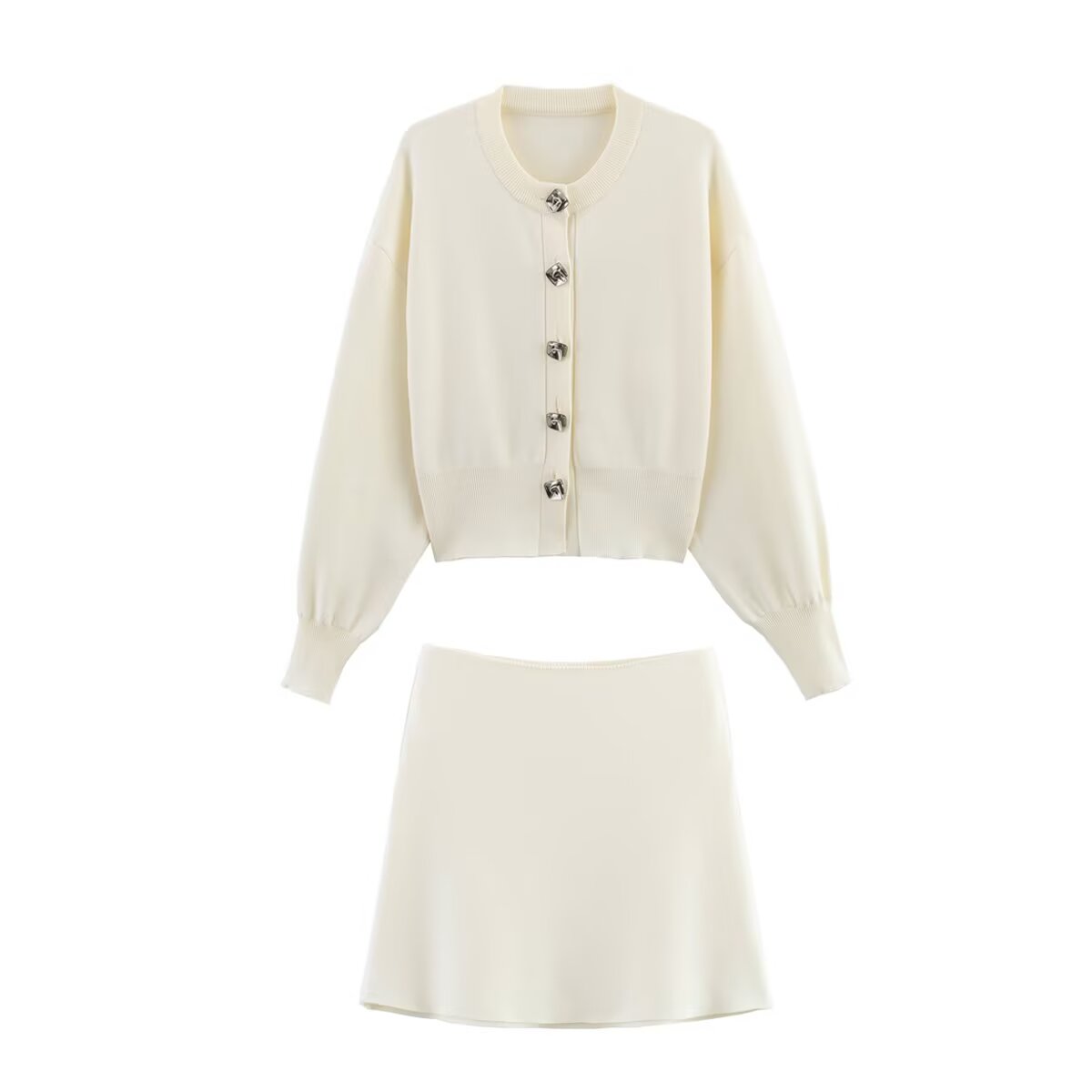 Spring Summer Women Floral Button Decoration Knitted Coat Short Skirt Set
