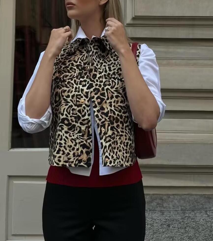 Spring round Neck Single Breasted Leopard Print Vest Vest Top Women