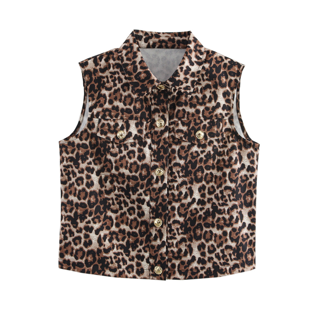 Spring round Neck Single Breasted Leopard Print Vest Vest Top Women