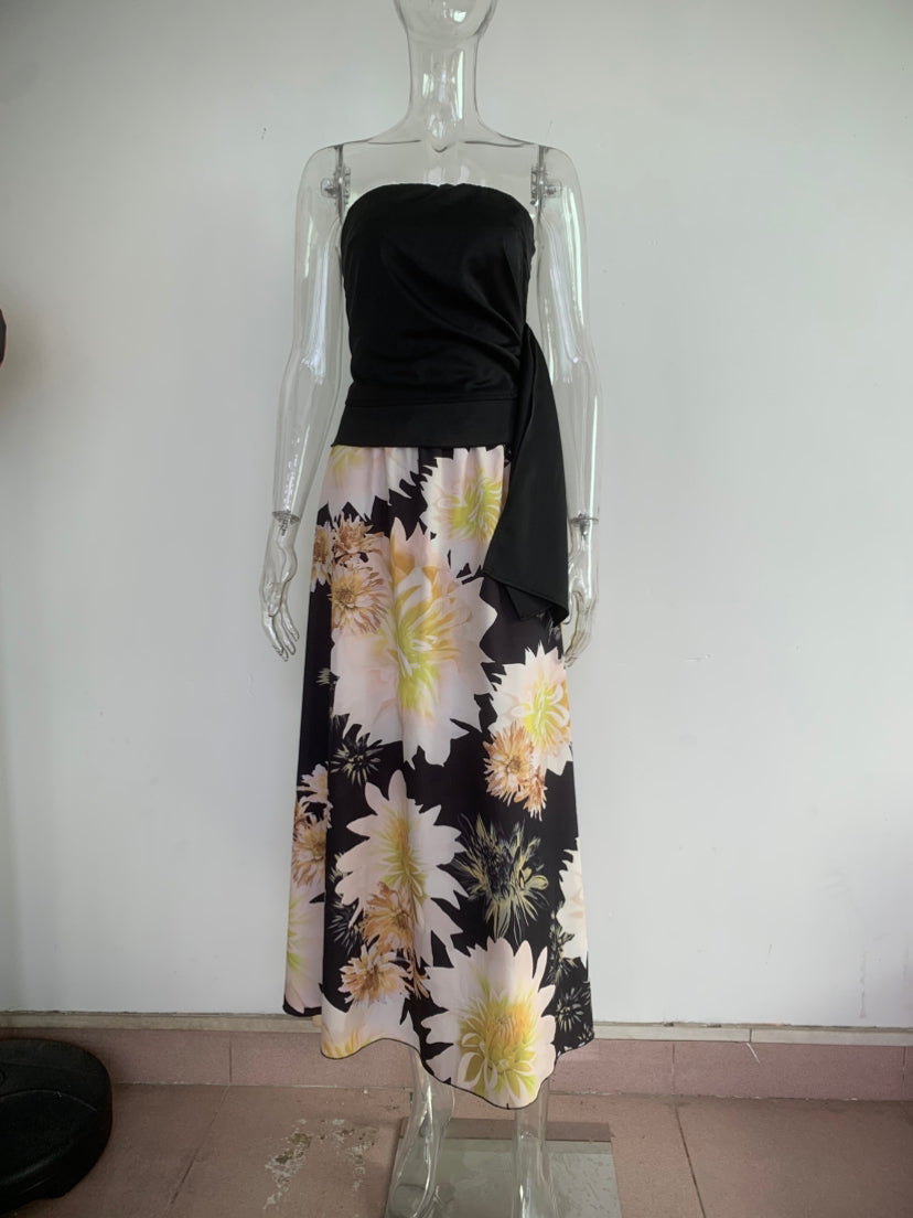 Women Summer Sexy Bandeau Top Printing Big Hem Skirt Set