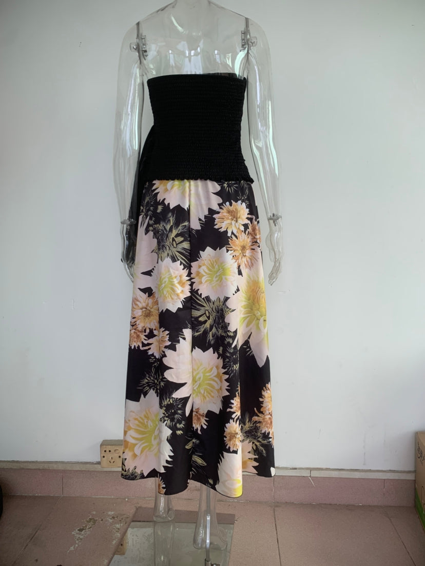 Women Summer Sexy Bandeau Top Printing Big Hem Skirt Set