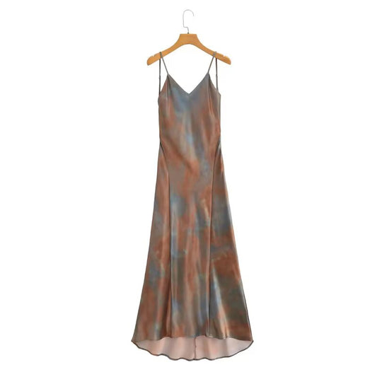 Women V neck Tight Waist Silk Satin Texture Sling Dress Spring Women