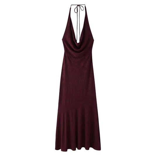 Spring Summer Women Sexy Backless Silk Satin Texture Jacquard Halter Length Dress
