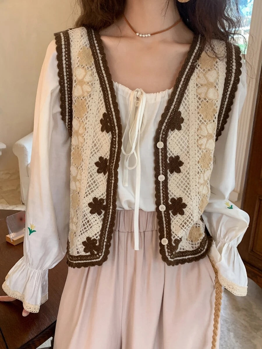 Women Loose Hook Flower V Neck Cardigan Vest
