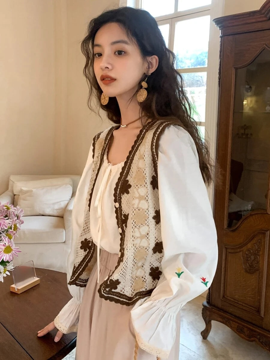 Women Loose Hook Flower V Neck Cardigan Vest