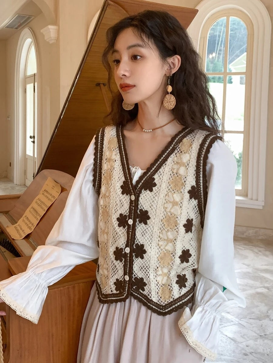 Women Loose Hook Flower V Neck Cardigan Vest