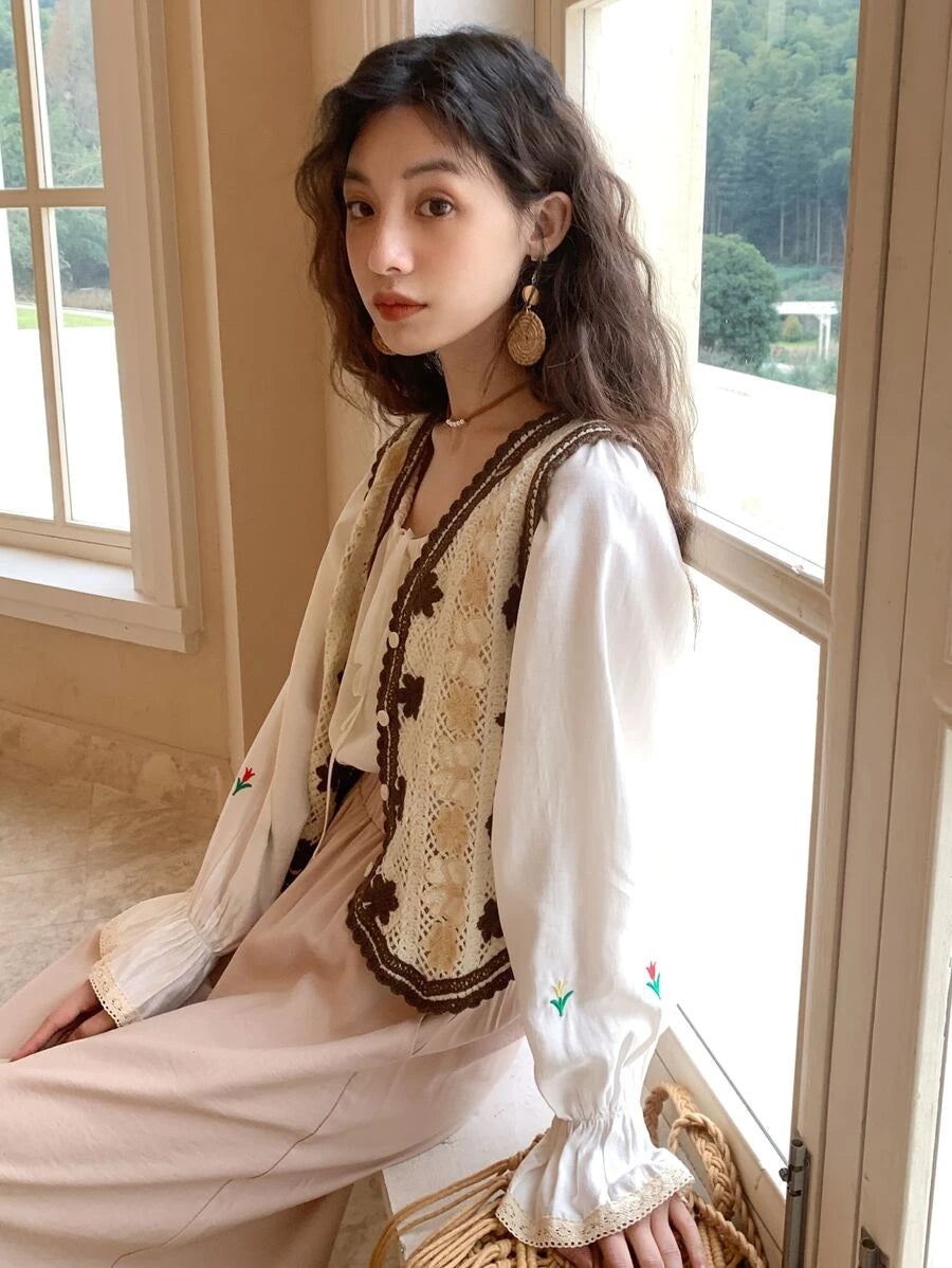 Women Loose Hook Flower V Neck Cardigan Vest
